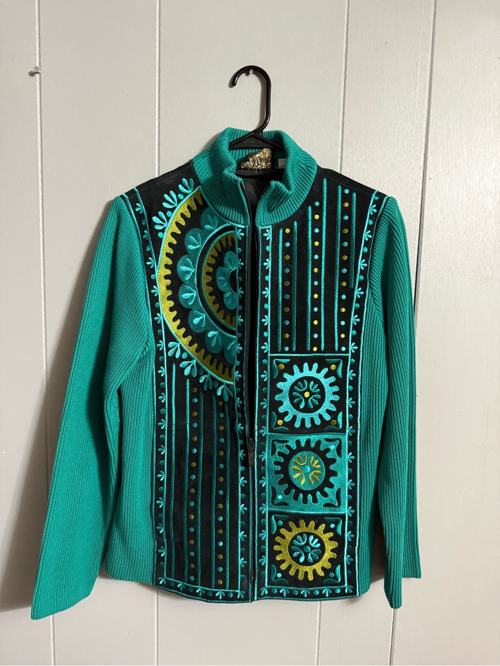 Bob Mackie Teal Embroidered Zip-Front Jacket with Yellow Accents